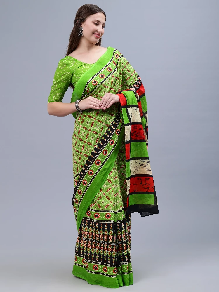 Green Printed Malmal Cotton Saree-2.webp